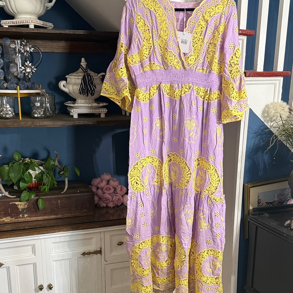Lavender Maxi Dress with Yellow Embroidered Accents